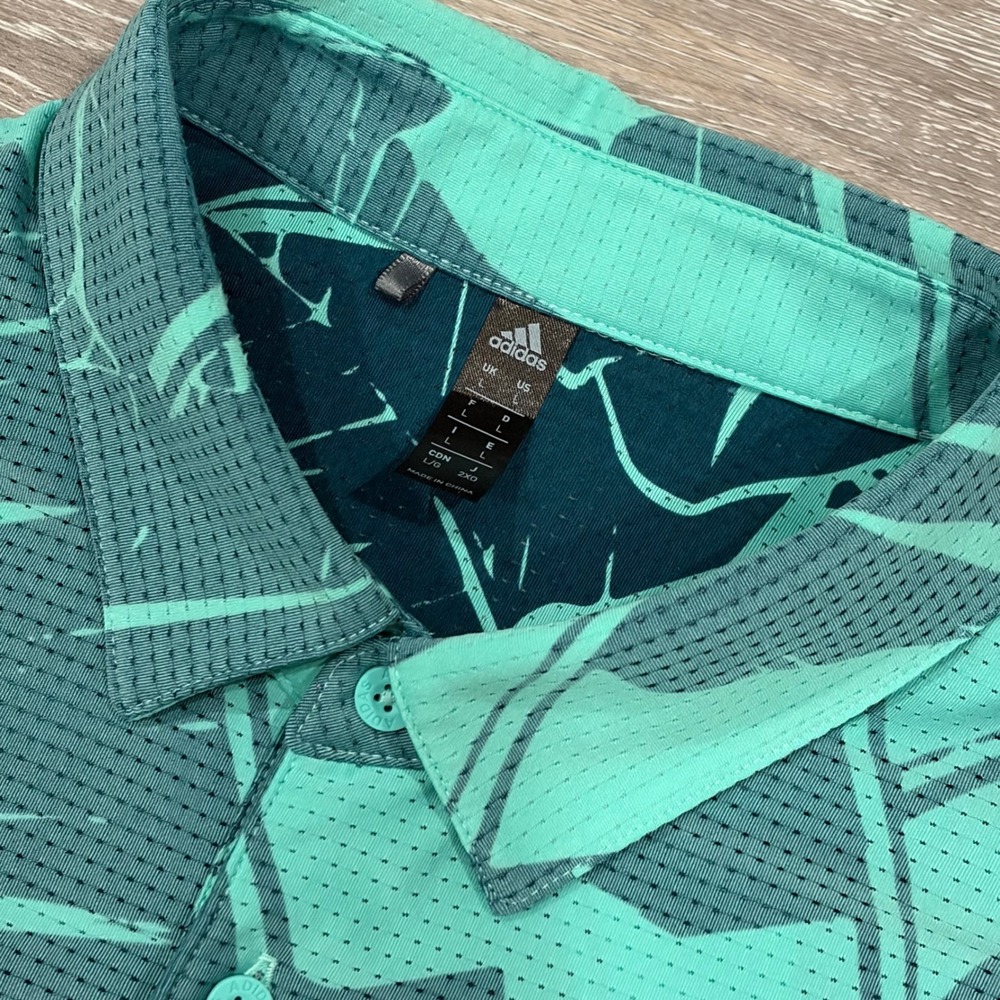 Adidas Golf Mens Large Teal Green Tropical Banana Leaf Print Polo Shirt L